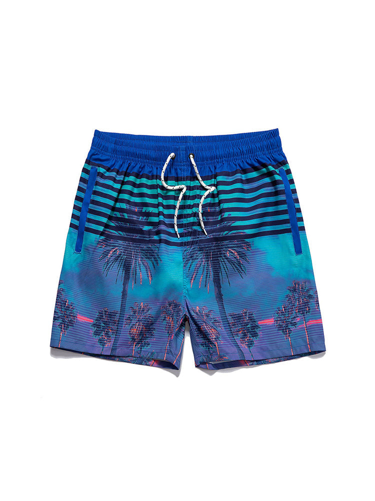 Men's Striped Print Drawstring Board Shorts