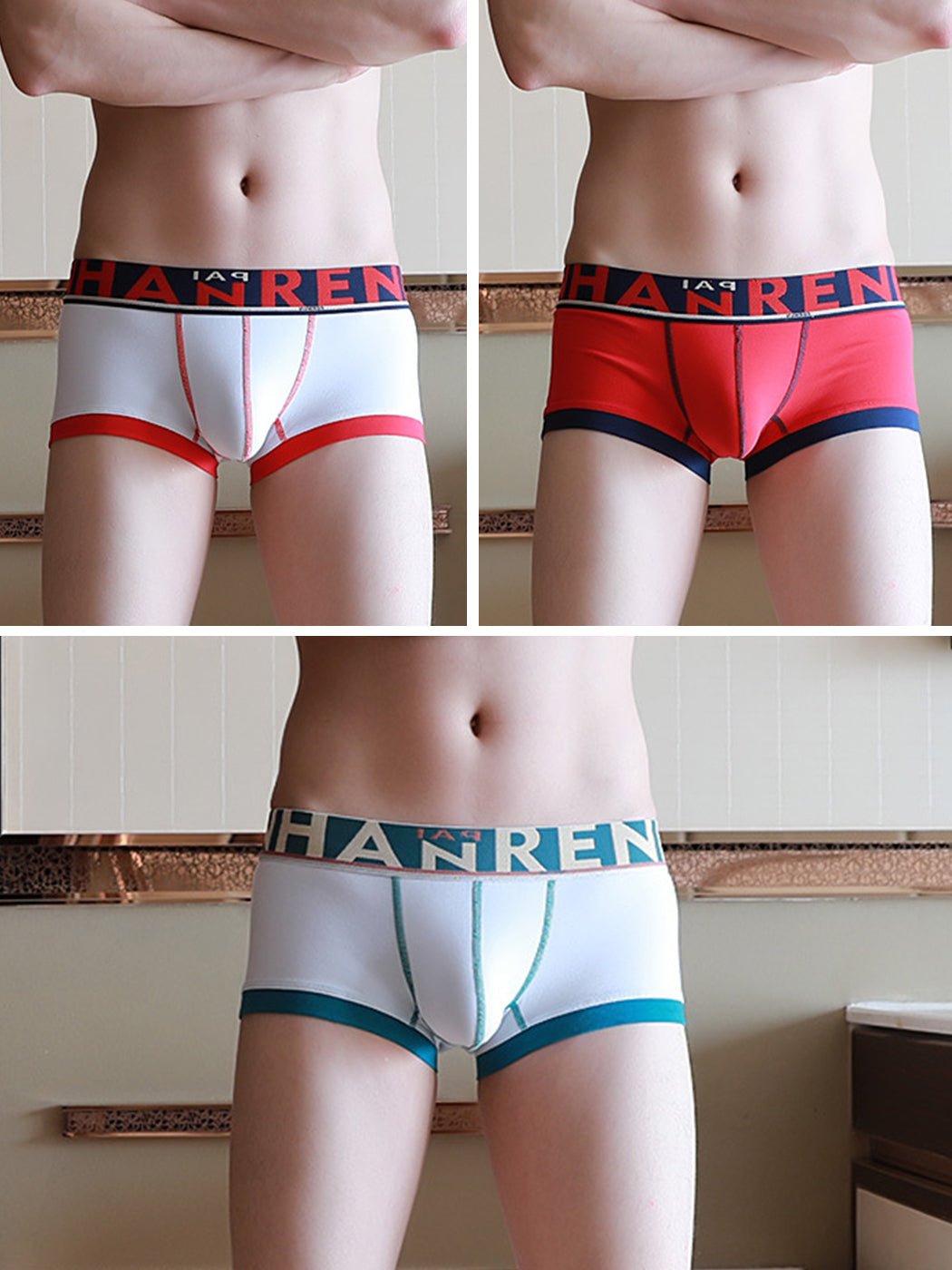 3 Pack Men's Spliced Color Breathable Cotton Trunks