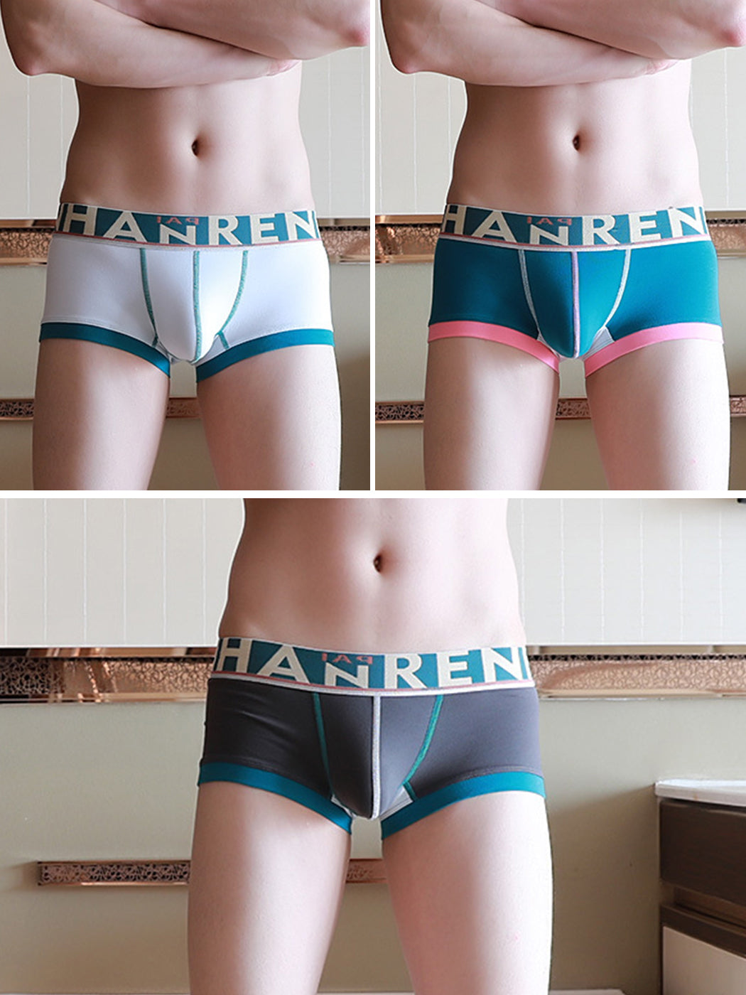 3 Pack Men's Spliced Color Breathable Cotton Trunks