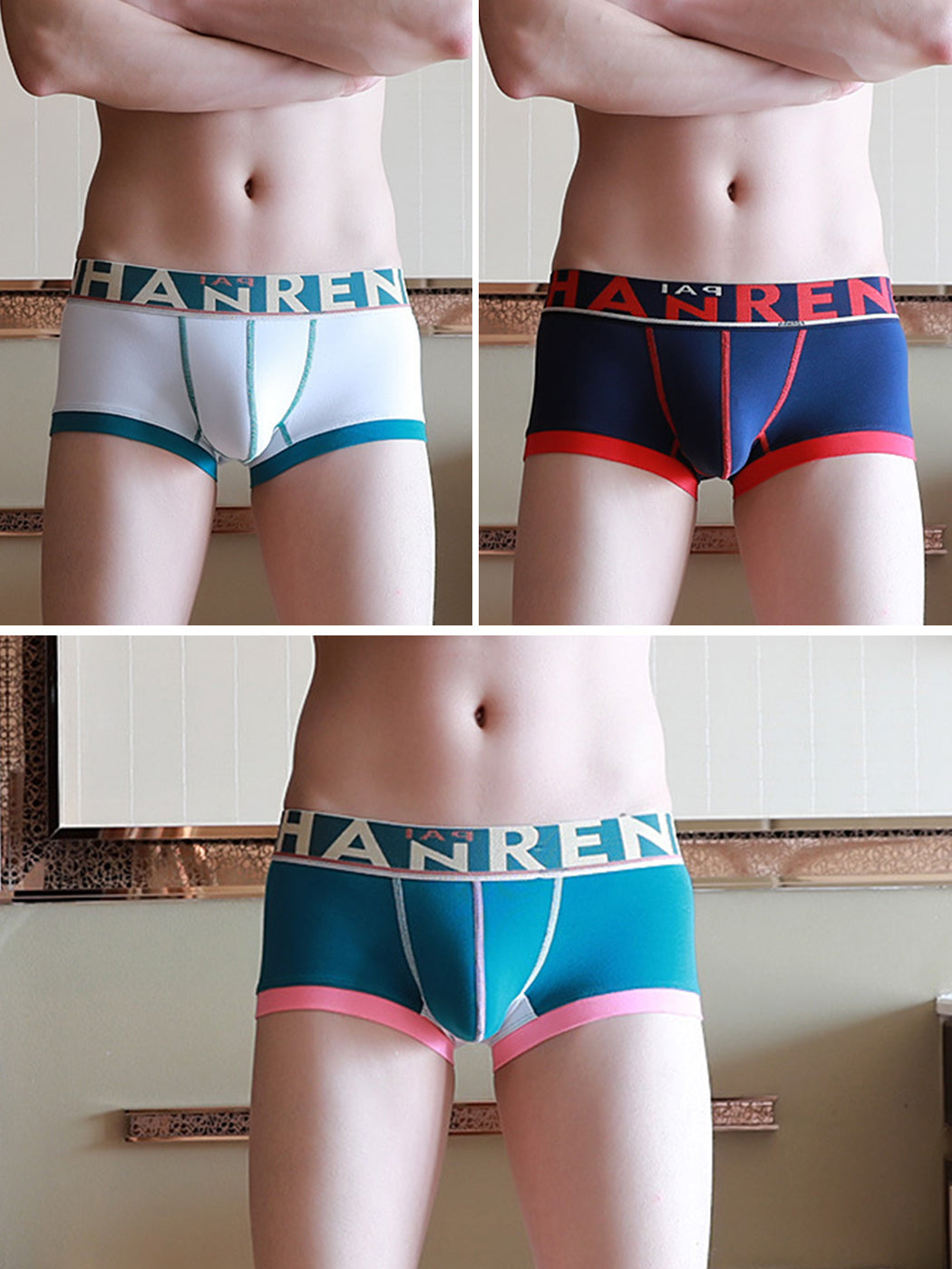 3 Pack Men's Spliced Color Breathable Cotton Trunks