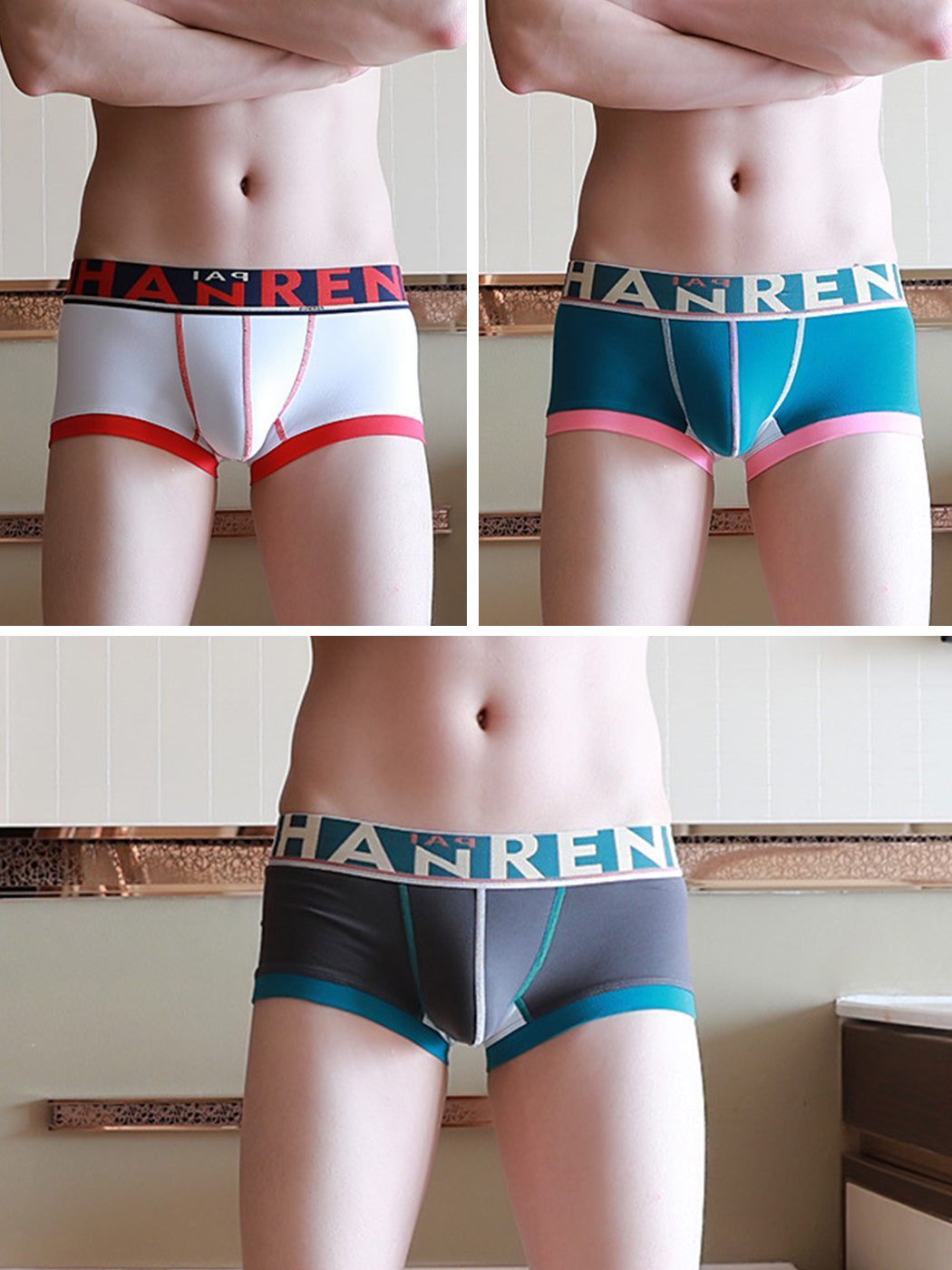 3 Pack Men's Spliced Color Breathable Cotton Trunks