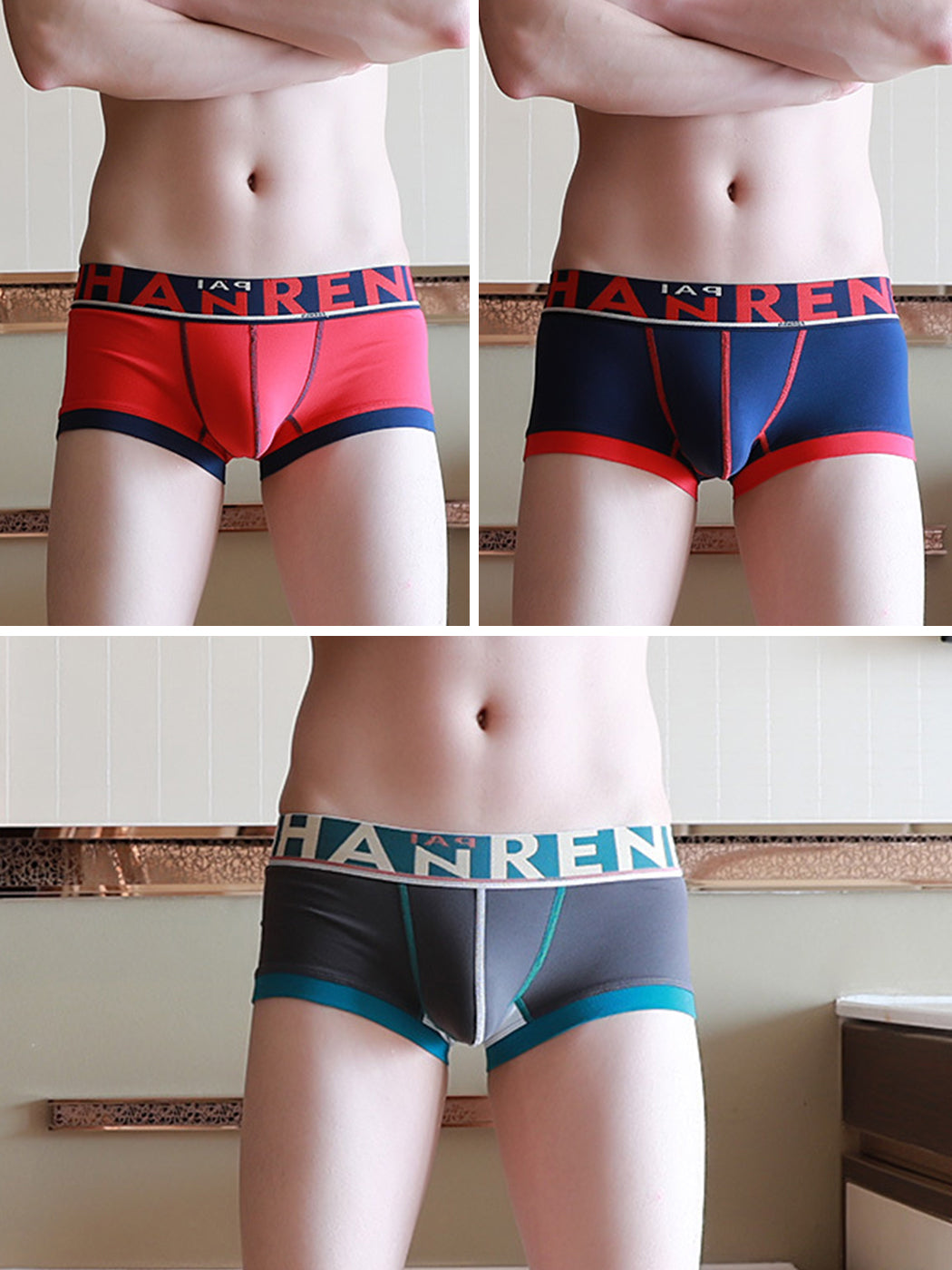 3 Pack Men's Spliced Color Breathable Cotton Trunks
