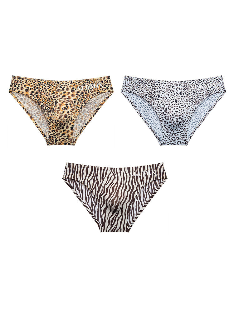 3 Pack ALLMIX Men's 3D Pouch Sexy Leopard Print Ice Silk Briefs