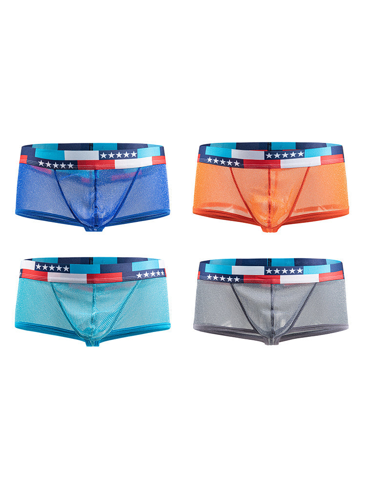 4-pack Men's Low-rise See-through Micro-mesh Pouch Shiny U-convex Wide-edge Boxer Briefs