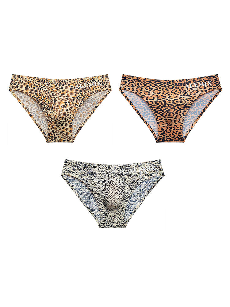 3 Pack ALLMIX Men's 3D Pouch Sexy Leopard Print Ice Silk Briefs