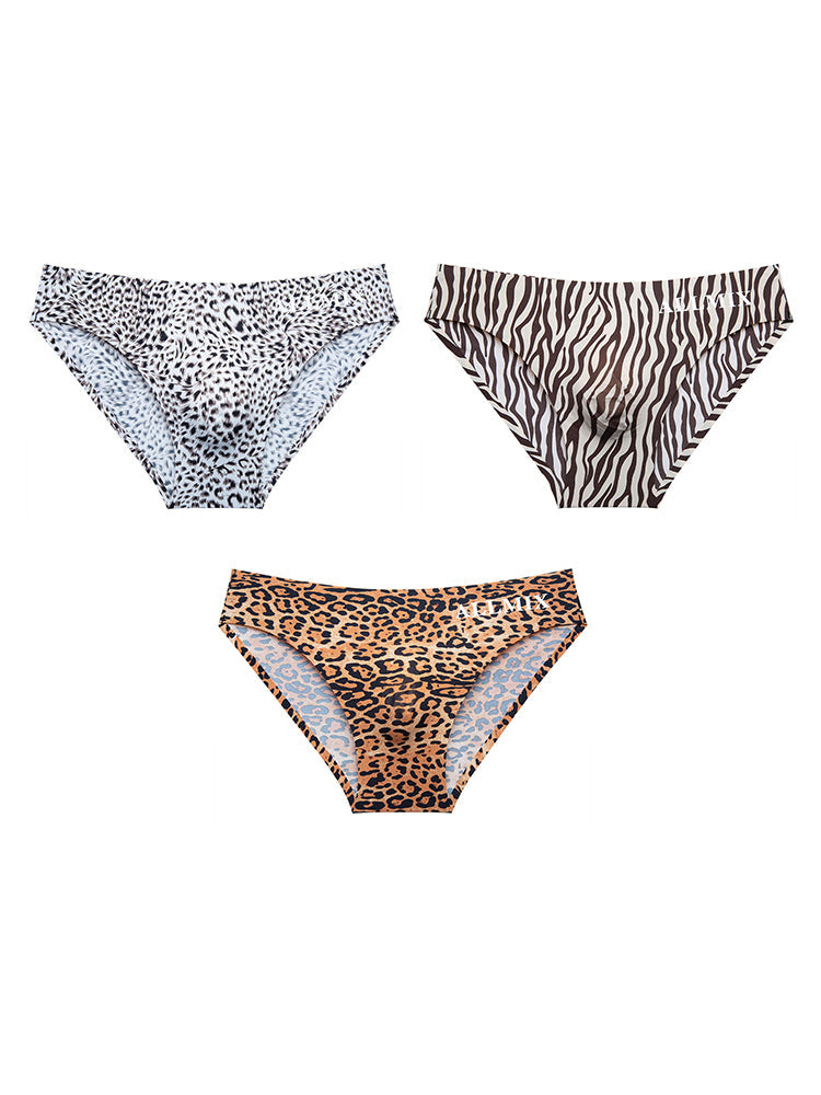 3 Pack ALLMIX Men's 3D Pouch Sexy Leopard Print Ice Silk Briefs