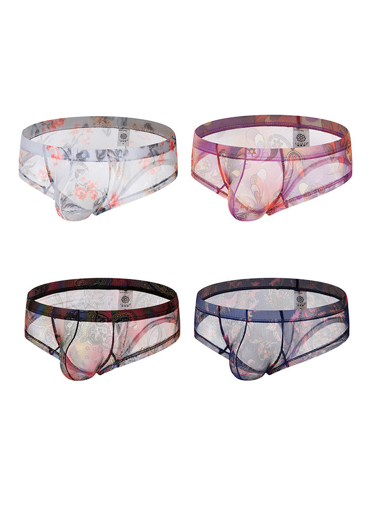 4-pack Men's Lace Print Sheer Mesh Bohemian Boxer Briefs