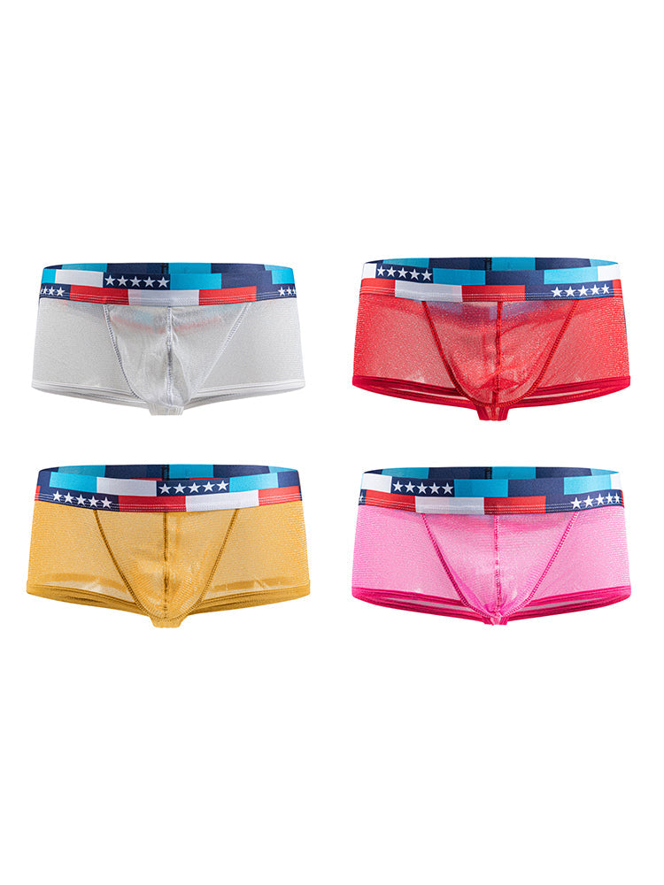 4-pack Men's Low-rise See-through Micro-mesh Pouch Shiny U-convex Wide-edge Boxer Briefs