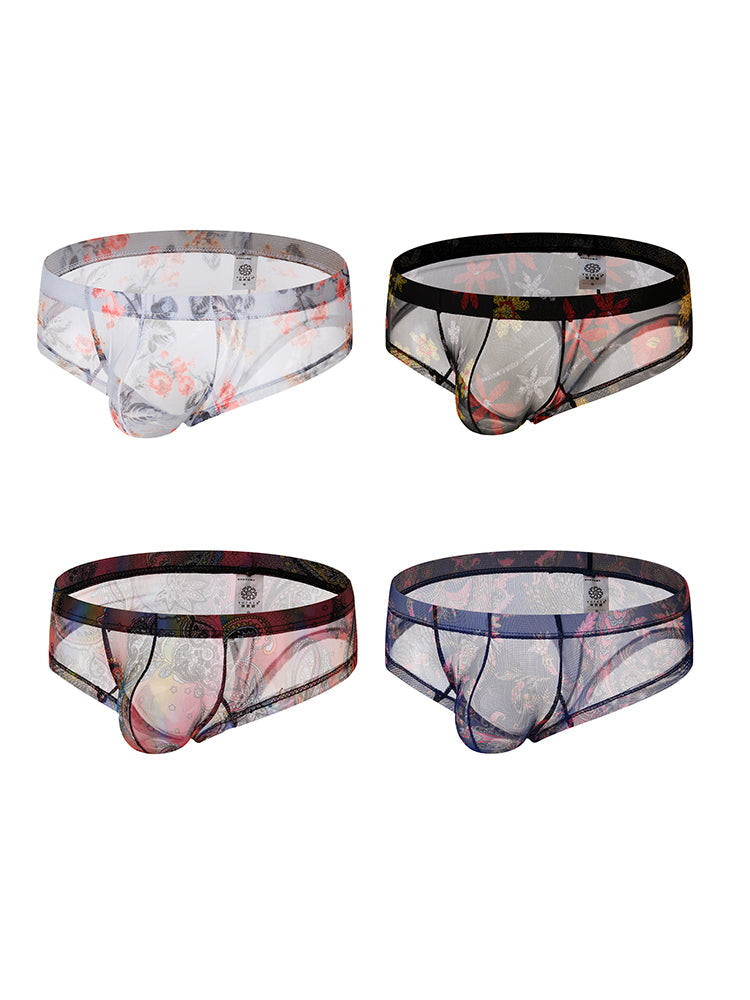 4-pack Men's Lace Print Sheer Mesh Bohemian Boxer Briefs