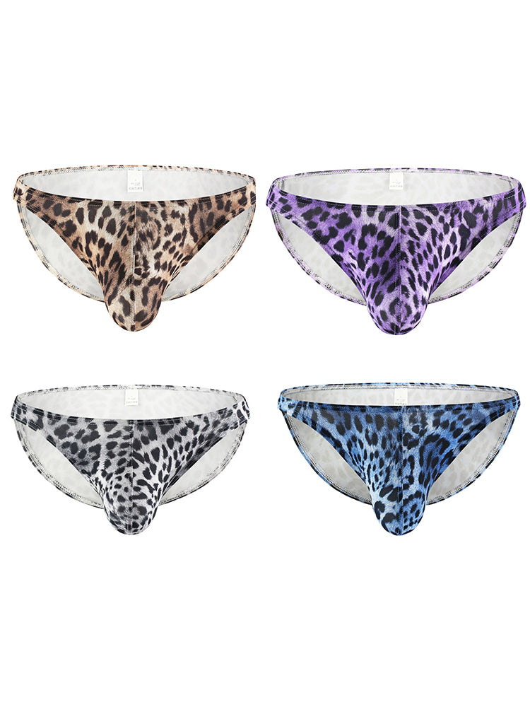 4 Pack Men's U-Convex Leopard Print Nylon Bikini