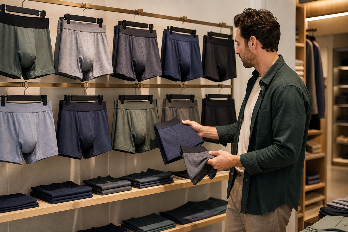 Men comparing underwear fabrics, fits and styles before choosing