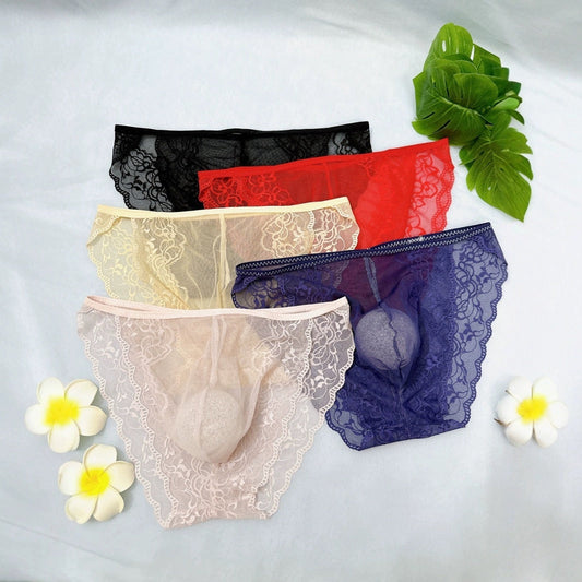 Men's Sexy Lace See Through Sheer Briefs